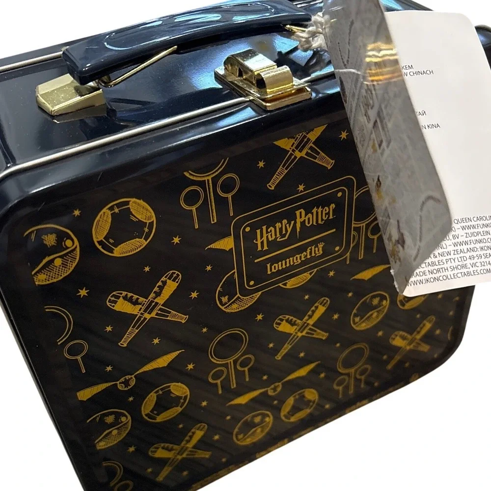 Loungefly Harry Potter Quidditch Tin Lunch Box Black Gold Metal Storage Case NEW